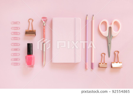 Hardcover notebook and Pink school girly accessories on pastel pink, Top view, mockup Hardcover notebook and Pink school girly accessories on pastel pink, Top view, mockup 92554865
