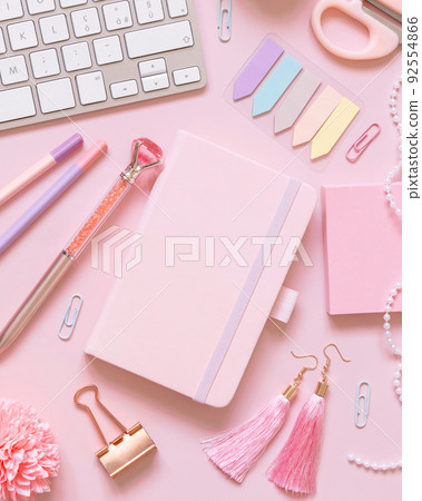 Notebook, Pink school girly accessories and keyboard on pastel pink Top view, mockup 92554866