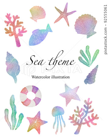 Sea-themed watercolor illustrations of coral, starfish, seashells, etc. 92555061