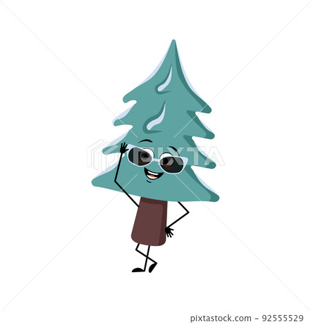 Cute Christmas tree with glasses and joyful emotions, happy smile, hands and legs. Pine with eyes. New year festive decoration, joyful fir Cute Christmas tree with glasses and joyful emotions, happy smile, hands and legs. Pine with eyes. New year festive decoration, joyful fir 92555529