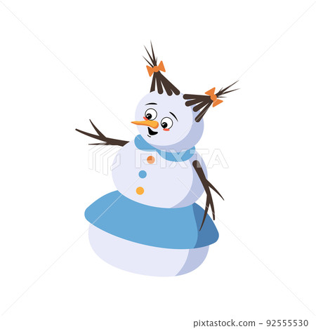 Cute Christmas snow woman with joyful emotions, smile face, happy eyes, arms and legs. Joyful New Year festive decoration with kind expression Cute Christmas snow woman with joyful emotions, smile face, happy eyes, arms and legs. Joyful New Year festive decoration with kind expression 92555530