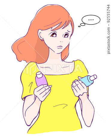 難以選擇化妝品的消費者女性的矢量圖解 92555744