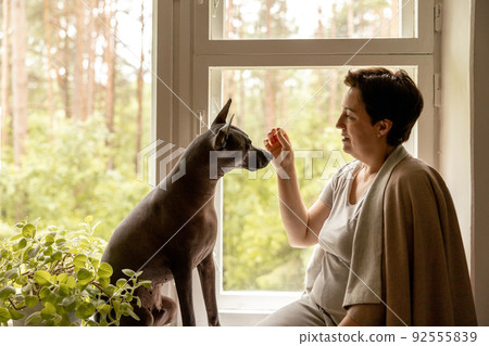 Middle age beautiful woman sitting on windowsill with her dog. 50-year-old woman spending time with her Mexican hairless dog at home. Xoloitzquintle, xolo breed. Dog as best friend, family member. 92555839