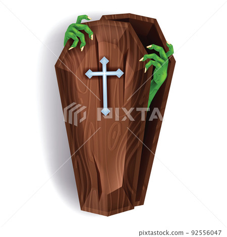 Halloween vector wooden coffin, zombie green hands, cartoon spooky funeral case illustration, cross Halloween vector wooden coffin, zombie green hands, cartoon spooky funeral case illustration, cross 92556047