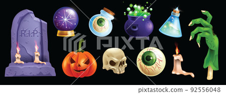 Halloween sticker set, vector game monster witch icon kit, stone grave, smiling pumpkin, zombie hand 92556048