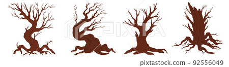 Dead tree vector set, dry naked branch silhouette, scary halloween forest, spooky autumn bark.  92556049