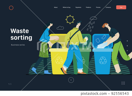 Ecology - Waste sorting -Modern flat vector concept illustration of a young man putting a paper journals into the garbage container for paper waste. Creative landing web page template 92556543