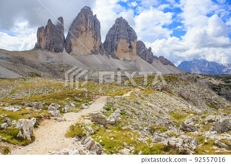 Tre Cime seen from near the Locatelli hut and the trail leading to it 92557016