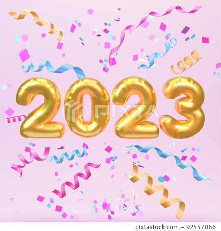 Happy new year 2023. Realistic golden foil balloons 3D. Happy new year 2023. Realistic golden foil balloons 3D. 92557066
