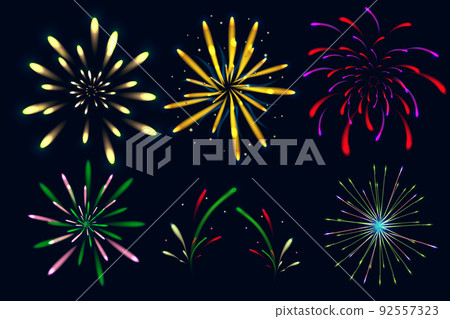 Festive patterned firework bursting in various shapes sparkling pictograms set. Firework celebration explosion, explosive firecracker Festive patterned firework bursting in various shapes sparkling pictograms set. Firework celebration explosion, explosive firecracker 92557323