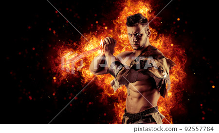 Knight with burning sword 92557784