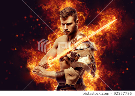 Knight with burning sword 92557786
