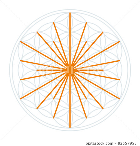 Sun symbol in the Flower of Life. Orange lines symbolizing the rays of sun, derived from the intersecting points of overlapping circles, that form a flower-like symmetrical pattern of Sacred geometry. 92557953