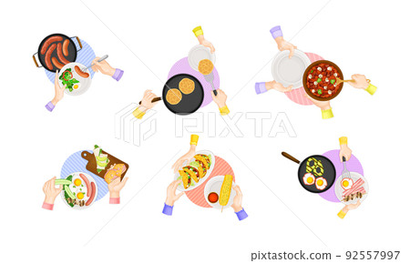 View from above of hands serving tasty dishes set cartoon vector illustration 92557997