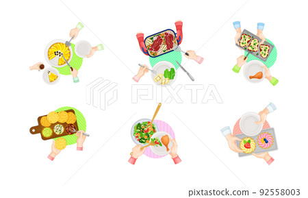 Top view of human hands serving tasty breakfast dishes set cartoon vector illustration Top view of human hands serving tasty breakfast dishes set cartoon vector illustration 92558003