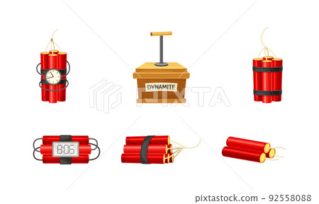 Detonating fuse and dynamite with timing device set vector illustration Detonating fuse and dynamite with timing device set vector illustration 92558088