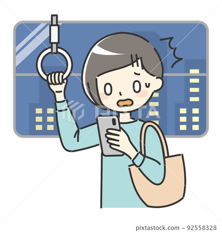 A woman who is surprised to see a smartphone on the train 92558328