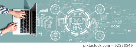 Robotic Process Automation theme with person using a laptop Robotic Process Automation theme with person using a laptop 92558549