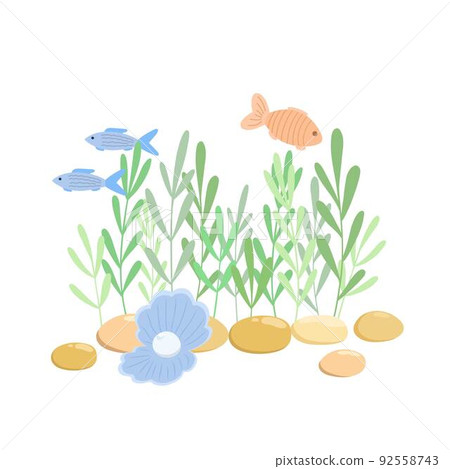 Underwater seaweed, stones, cute seashell with pearl and swimming fish vector illustration, marine life simple cartoon style composition, sea ocean flora hand drawn image 92558743