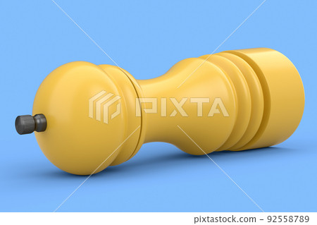 Salt or pepper wooden mill filled with peppercorns on blue background. 92558789