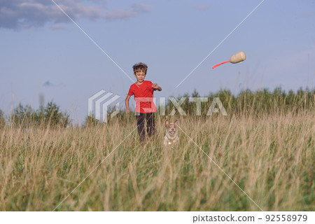 Happy kid playing with dog outdoors chasing flying pet toy in Fall field Happy kid playing with dog outdoors chasing flying pet toy in Fall field 92558979