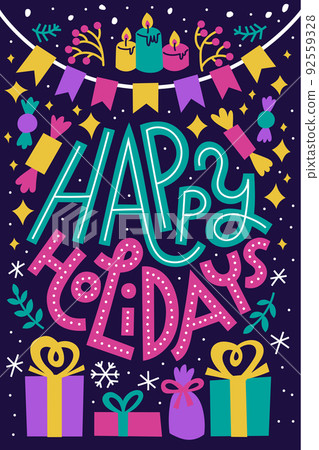 Colorful winter holidays card or poster. Christmas, Hannukah, inclusive neutral greeting. Cool bright colors on dark background. Modern flat illustration. Vertical, portrait-oriented. 92559328
