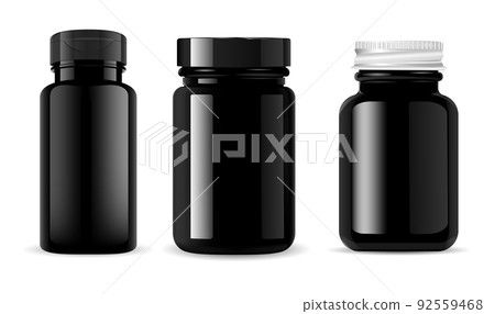 Black pill bottle. Vitamin supplement container mockup 92559468