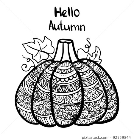 Vector hand drawn illustration of a pumpkin. Zen doodle and zen tangle autumn drawing with a pattern, anti-stress coloring, mosaic. Adult cololring page 92559844