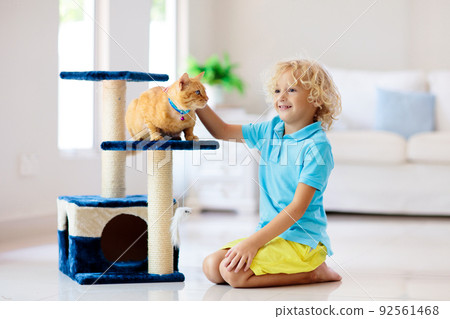 Child playing with cat at home. Kids and pets. Child playing with cat at home. Kids and pets. 92561468