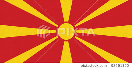 Flag of North Macedonia. North Macedonia state symbol. Flag on fabric surface Flag of North Macedonia. North Macedonia state symbol. Flag on fabric surface 92561560