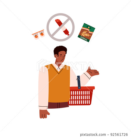 Sad man with empty shopping basket, food crisis concept - flat vector illustration isolated on white background. 92561726