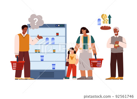 Sad people in supermarket, few goods and rising prices flat style 92561746