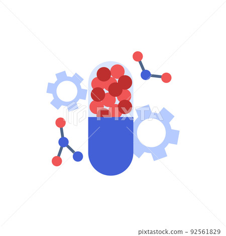 Huge capsule with rounds, molecules and gears flat style, vector illustration Huge capsule with rounds, molecules and gears flat style, vector illustration 92561829