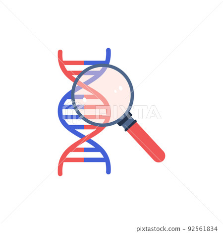 Abstract DNA helix research with magnifying glass, flat vector illustration isolated on white background. 92561834