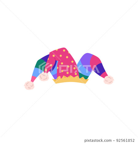 Colorful jester or joker hat with pom poms, cartoon flat vector illustration isolated on white background. 92561852