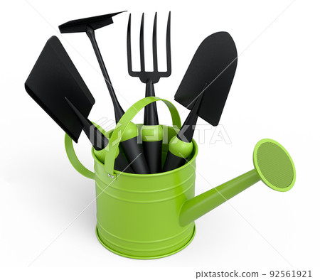 Watering can with garden tools like shovel, rake and fork on white background. 3d render concept of horticulture and farming supplies 92561921