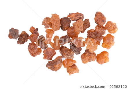 Myrrh resin isolated on white background. Pile of natural Commiphora myrrha. Sweet Myrrh Opoponax. Incense. Top view. 92562120