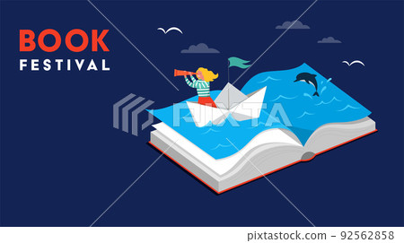Book festival concept of a little girl sailing the boat and reading an open huge book. Fantasy and Book festival concept of a little girl sailing the boat and reading an open huge book. Fantasy and 92562858