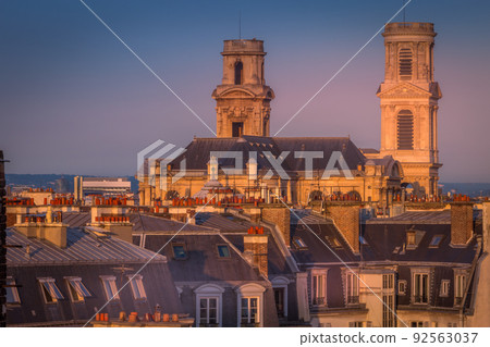 Saint Sulpice and quarter latin roofs at golden sunrise Paris, France 92563037