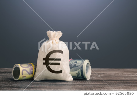 Euro money bag. Deposits and savings. Loans and credits, mortgage. Banks and finance. Investments, fundraising. Dollar and euro. Economics and currency exchange, stock market. Funding and grants. 92563080