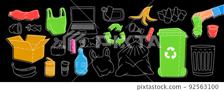 Set of different types outline garbage symbol. Plastic, glass, metal, paper, organic waste illustration. Unsorted garbage line set Set of different types outline garbage symbol. Plastic, glass, metal, paper, organic waste illustration. Unsorted garbage line set 92563100