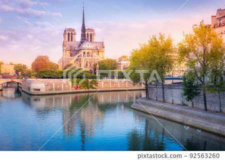 Notre Dame of Paris on Seine River reflection and swans, France 92563260
