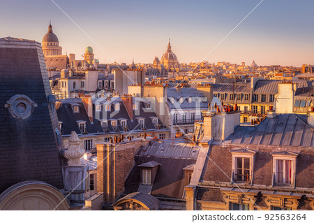 Pantheon and quarter latin parisian roofs at golden sunrise Paris, France 92563264