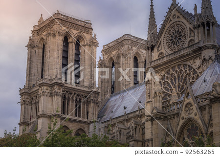 Notre Dame of Paris towers, columns and archs, side view, France 92563265