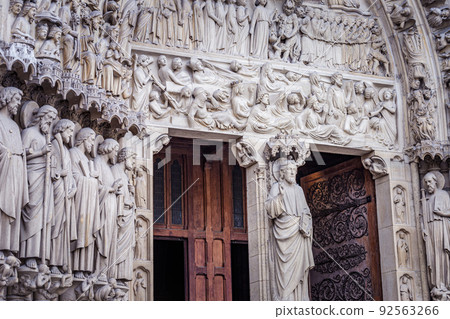 Notre Dame of Paris last judgment ornate facade details, France Notre Dame of Paris last judgment ornate facade details, France 92563266
