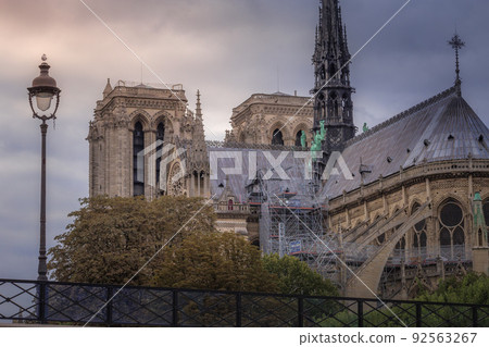 Notre Dame of Paris spire, columns and archs, back view, France 92563267