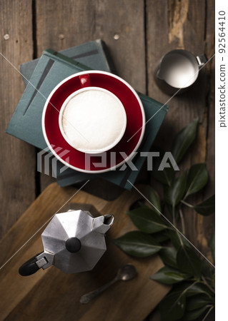 a cup coffee and moka with milk jug 92564410