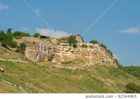 Ancient city road cave chufut bakhchisaray crimea medieval street monument, concept sunny building in historic for travel chufut, autumn karaite. Town outdoors crimean, 92564965