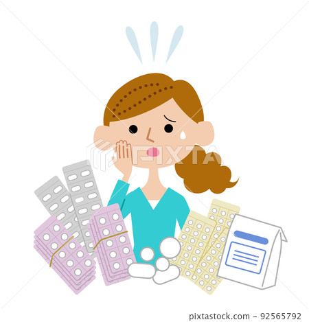A young woman who is in trouble because she has a lot of medicine A young woman who is in trouble because she has a lot of medicine 92565792