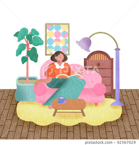 一個女人在客廳裡用可愛的家具放鬆。沒有牆。沒有表情。 92567029